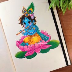 a drawing of a god sitting on top of a lotus flower with a flute in his mouth