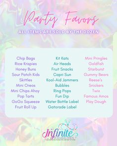 the party favors list for all items sold by the dozen