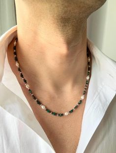 Malachite Necklace Men, Mens Pearl Necklace, Pearl Necklace Men, Real Pearl Necklace for Men, Gifts for Men Unique, Birthday Gift For Him, y2k Jewelry, Mens Necklace, Freshwater Pearl Necklace, Necklace for Men, Hematite Necklace ♥ Useful Quick Notes * This product is prepared with natural Malachite stones, ivory freshwater pearls, rhodium-plated ball beads. * The finish is made with a rhodium-plated lobster claw. * Length: We offer 2 options: 1. 51.7 cm(+-1) - 20.35 inch(+-0.4)  2. 48.7 cm(+-1) - 19.17 inch(+-0.4) You may choose free chain extension (5 cm - 2 inch) **The length may have difference up to 1 cm - 0.4 inch due to the natural shapes of the pearls. * Made of high quality rhodium plated over brass.  * For longer lasting use, it is recommended to keep this handmade product away f Vintage Necklaces Men, Handmade Necklace For Men, Mens Gemstone Necklace, Men Beaded Jewelry, Man Pearl Necklace, Male Pearl Necklace, Pearl Necklace Boy, Men’s Beaded Necklace, Pearl Jewelry For Men