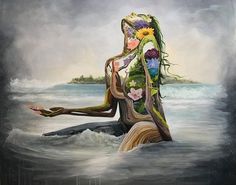 a painting of a woman sitting in the water with flowers on her head and body