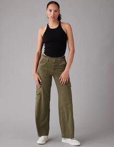 AE Stretch Curvy Super High-Waisted Baggy Wide-Leg Cargo Pant Army Green Pants, Curvy Pants, One Percent, Army Green Color, Ae Jeans, Fabric Patch, Cargo Pant, Mens Outfitters, Fall Winter Outfits