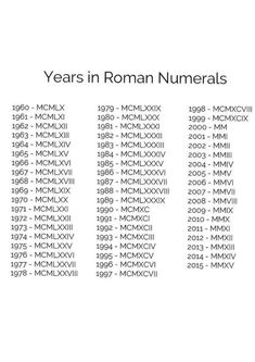 the numbers are in roman numerals on a white background with black and white lettering