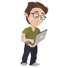 a cartoon man with glasses holding a laptop