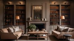 a living room with two couches and a coffee table in front of bookshelves