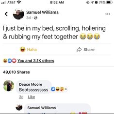 two tweets are shown with the caption'i just be in my bed, scrolling, hollering and rubbing my feet together '