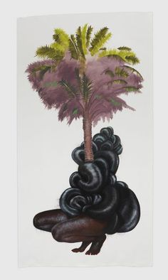 a painting of a palm tree with black and pink colors