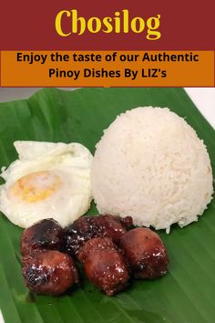 an image of food on a plate with text that reads chosing enjoy the taste of our authentic pinoy dishes by liz's