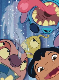 cartoon characters are smiling and having fun in the rain with water coming out of their mouths