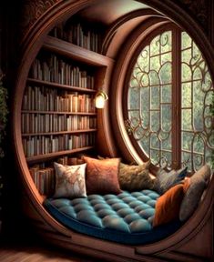 a room with bookshelves and a couch in front of a large round window