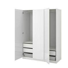 a white cabinet with two drawers and one door open