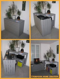 four different shots of an office desk with potted plants on top and below the desk