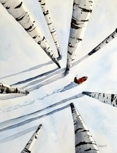 a painting of several trees with one red bird in the middle and four white ones