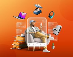 a man is sitting in a chair surrounded by electronics and gadgets on an orange background