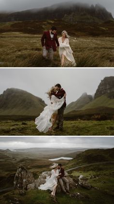 two pictures of a man and woman hugging each other in the middle of a field