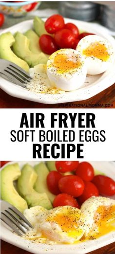 Collage of plate with air fryer soft boiled egg, tomato, and avocado slices at top and bottom. Soft Boiled Eggs Recipe, Boiled Egg Recipes, Breakfast Meat, Crock Pot Meatballs, Easy Air Fryer, Soft Boiled Eggs, Pinterest Recipes, Boiling Water