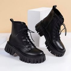 Mid Heel, Polyester, Round Toe Lace Up Boot Grunge Shoes, Chunky Combat Boots, Platform Combat Boots, Dr Shoes, Womens Combat Boots, Combat Boot, Zipper Boots, Boots Women Fashion, Trendy Shoes