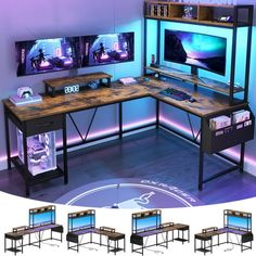 a computer desk with four monitors on it