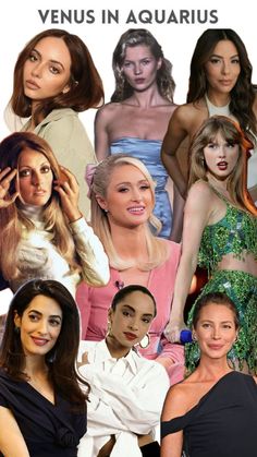 a collage of women in different outfits and hair styles, with the caption venus in aquarius