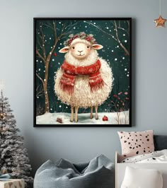 a sheep wearing a red scarf standing in front of a christmas tree with snow on it