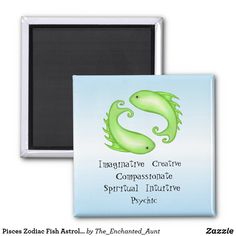 a square magnet with the words imagine creative compositive and an image of a green dragon