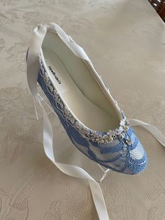 Steel Blue Shoes, some call this blue Ice blue, you may order a lace swatch, link below to order them. Stunning Style, for those brides whose gown has silver accents Trims:  embroidered venice lace, pearls, crystals, rhinestones, Super elegant fit for a princess!! I only have lace for 8 pairs. SHOES COLORS: Off-White, WHITE,  Or IVORY  Overlaid Lace: Blue as pictured. (Please Note: These are NOT Professional Ballerina Slippers. They are Bridal Ballet Style Flats.) To buy color swatches: you may Luxury Blue Lace-up Formal Shoes, Blue Lace Wedding Shoes, Blue Ballet Shoes Aesthetic, Blue Bridal Shoes Ballet Flats, Cinderella Glass Slipper Shoes, Ballerina Slippers, Princess Shoes, Satin Shoes, Ballet Fashion