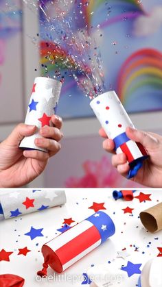 Video showing how to make DIY confetti poppers Crafts For Kids Fourth Of July, Forth Of July Fun Ideas, Fourth Of July Craft Ideas, 4 Th Of July Crafts For Kids Diy, 4th Of July Arts And Crafts For Preschoolers, Diy New Years Crafts, 4th Of July Ideas For Kids, 4th Of July With Kids, 4th Of July Arts And Crafts