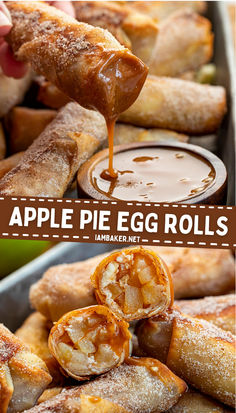 One image shows an egg roll being dipped into caramel sauce  in front of several more egg rolls. The second image shows a cross-section of an apple pie egg roll on top of more egg rolls. Apple Pie Egg Rolls, Fuji Apple, Egg Roll Recipes, Apple Dessert Recipes, Oreo Dessert, Egg Roll, Fun Baking Recipes, Egg Rolls, Desert Recipes