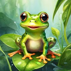 a frog sitting on top of a green leaf