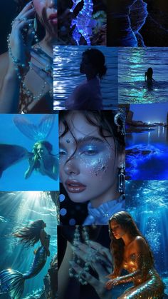 a collage of photos with mermaids and dolphins in the water at night time