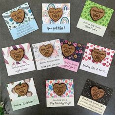 many different types of cards with hearts on them and some words written in the middle