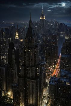 an aerial view of new york city at night with the moon in the sky above