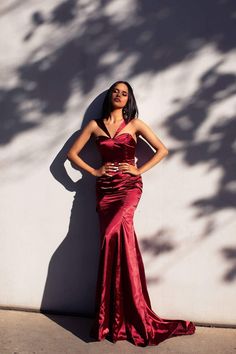 Exclusive LA Collection - Designed by A&N Luxe. Get the celeb look for prom with our Davina Gown. It features a sweetheart neckline with padded cups, ruching on the hips and a mermaid train. The gown is fully lined to the hem with a long train. The satin has minimal stretch. What is a Made-To-Order? This product is a made-to-order item. Made-to-order items are not held in physical stock and production commences AFTER order placement. We try to limit production and stock levels and as such, made- Evening Dresses Poses, Evening Wear Photoshoot, Formal Photoshoot Ideas Classy, Mermaid Dress Poses, Long Dress Poses Photo Ideas, Evening Dress Photoshoot, Fancy Dress Photoshoot, Formal Dress Photoshoot, Md Photoshoot