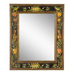 a decorative mirror with flowers painted on the front and sides, hanging from a wooden frame