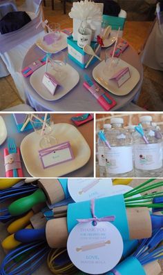 the table is set up for a party with place cards and utensils on it