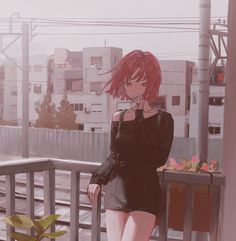 a woman with red hair standing on a balcony next to a potted plant and looking at the camera