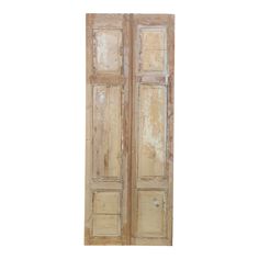 an old wooden door with peeling paint on the doors and side panels, isolated against a white background