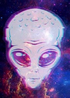 an alien head with big eyes and stars in the background