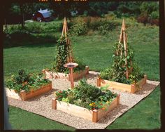 several wooden planters with plants in them on a patch of gravel next to grass