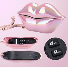 an image of a woman's lips with remote controls and accessories around it on a pink background