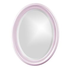 a white round mirror with a light purple trim around the edge and an oval frame