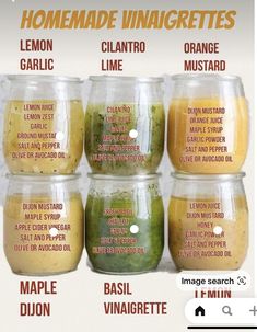 the ingredients for homemade vinaigretes are displayed in glass jars with labels on them