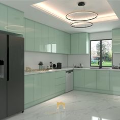 a large kitchen with green cabinets and white counter tops, along with a black refrigerator freezer