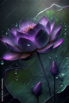 purple flowers with water droplets on them are shown in this digital painting style image,