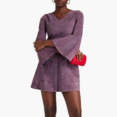 purple suede leather mini dress with flared sleeves and mini length has a v neck and looks Mini Leather Dress, Elegant Theme, Line Silhouette, Elegant Themes, Purple Suede, Suede Dress, Leather Outfit, Women Leather, Purple Fashion