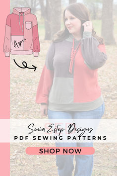 a woman wearing a sweater and jeans with the text, sosia easy designs sewing patterns