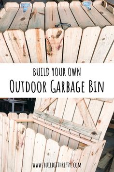 an outdoor garbage bin made out of wooden pallets with text overlay reading build your own outdoor garbage bin