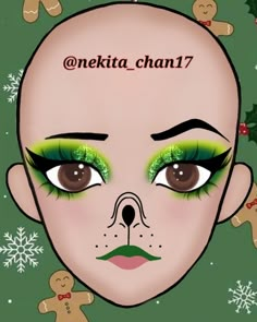 Grinch + gliter + delineado Halloween Makeup Grinch, The Grinch Makeup Ideas, Makeup Looks Christmas Easy, Grinch Makeup Look, Pink Grinch Makeup, Diy Grinch Face Paint, Grinch Makeup Simple, Glam Grinch Makeup, Grinch Glam Makeup