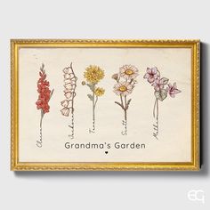 an old framed photo with flowers in it and the words grandma's garden written below