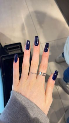 Darker Color Nails, Nail Inspo Midnight Blue, Navy Blue And Blush Pink Nails, Coffin Dark Blue Nails, December Blue Nails, Dark Star Nails, Dark Blue Black Nails, Coffin Navy Blue Nails, Navy Coffin Nails