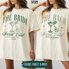 the bride and groom t - shirts are white with green lettering